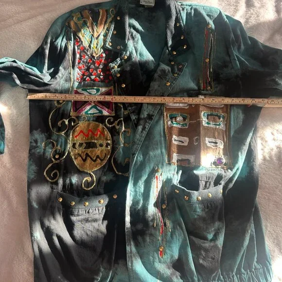 Vintage 90s Women’s Charle Casuals Art Jacket XL Boho Tribal Hand Painted Cotton - Picture 8 of 10